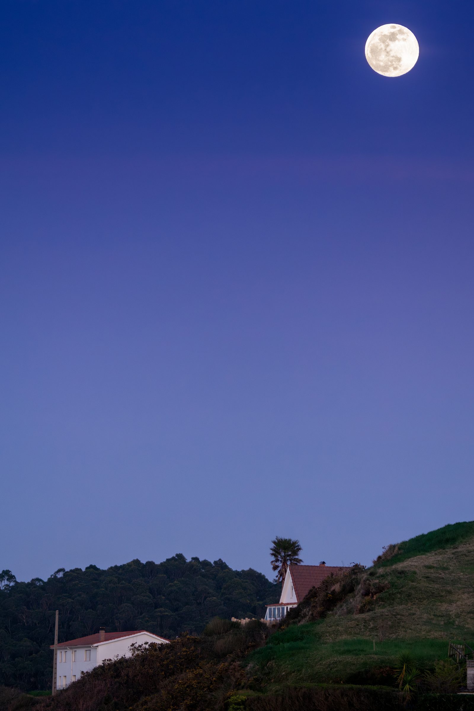 Under a sky the color of twilight secrets, the moon rises gently over sleeping homes, reminding us that love, too, watches quietly over what it cherishes.